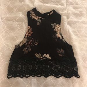 Black Floral Crop Top w/ Lace Trim